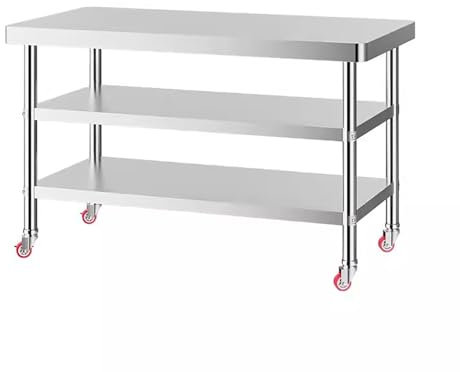 MTSYXYM Edelstahl Tisch Outdoor,Küche Edelstahltisch,beistelltisch Grill,Abgerundete Ecken verhindern Stöße, 360° drehbare Universalräder,Für Garage, Haus, Lager Und Küche.