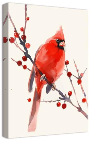 ZQQART Roter Kardinal Leinwand Wanddekoration Kardinalvogel der auf einem Ast steht Bilddrucke Wintertiergemälde Weihnachtswanddekoration Kunstwerk gerahmt(Lila,30x45cm)