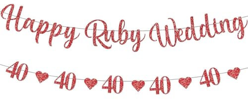 40th Happy Ruby Wedding Anniversary Banner - Set of 2 Glitter Decorations with Red Heart Bunting, Perfect for 40th Anniversary Party Celebrations, for Happy Anniversary Decorations