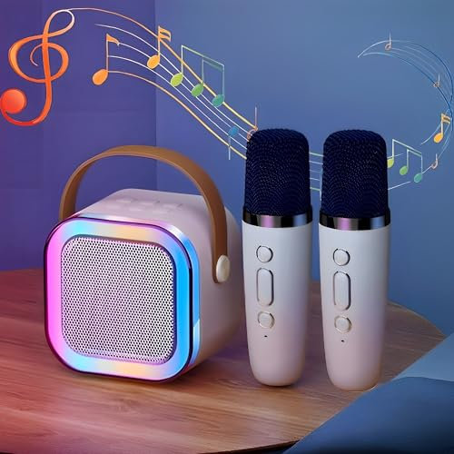 WYFCR Mini Karaoke Machine for Kids Adults, with 2 Microphones, Portable Bluetooth speaker with LED light, Girls Toys Birthday Gifts for Kid,Family Home Party, Fun Birthday Gifts(white)