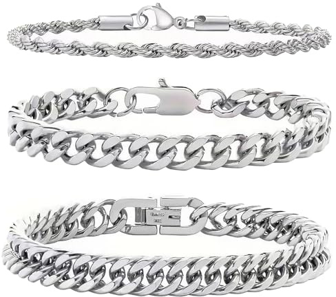 TRKETK 3 Pcs Chain Bracelets for Men, Hip Hop Wrist Mens Silver Mens Bracelets Set Snake Rope Figaro Cuban Chain Bracelet Set Jewelry Bracelet Gifts for Dad Boyfriend Husband Father's Day