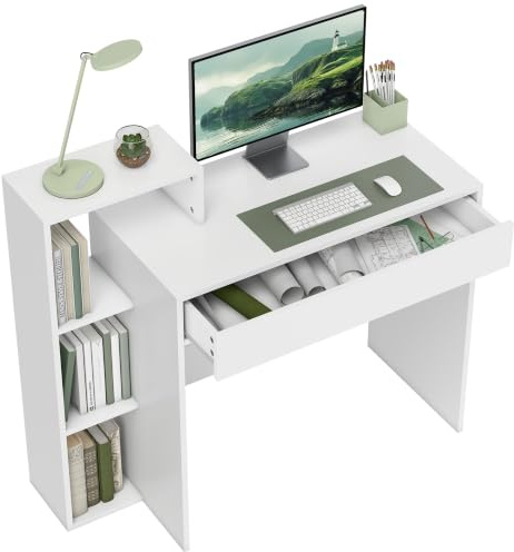 HOMCOM Bureau avec Rangement, Bureau d'ordinateur avec 3 étagères de Rangement et tiroir, Poste de Travail, Table d'ordinateur pour télétravail, Salon, 100 x 40 x 90 cm, Blanc