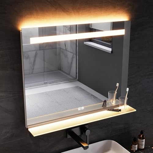 SONNI LED Badspiegel mit Ablage 80x65 cm, Touch Badezimmerspiegel mit Steckdose, 3 Lichtfarben, Anti-Beschlag & Gedächtnisfunktion
