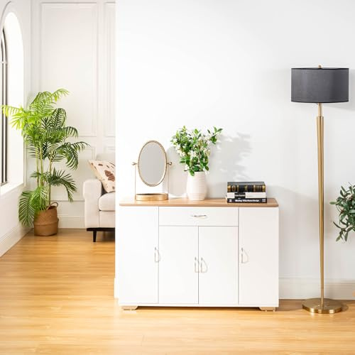 FurnitureR Buffet Moderne Salle à Manger, 4 Portes 1 Tiroir, Plateau MDF, Étagères Doubles, Rangement Vaisselle Blanc Lin pour Salon, Cuisine, Salle à Manger, Style Scandinave, 110 x 30 x 70cm