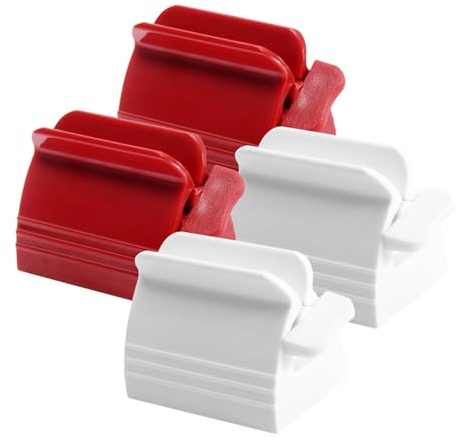 Abs Tubenquetscher Weiß Rot 4 Stück für Zahnpasta und Cremetuben | Handlich für Zuhause und Hotel, für Bastelkleber und Kosmetik, Platzsparend und Praktisch