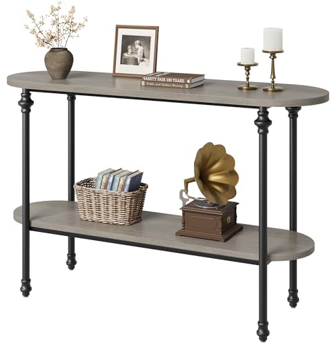 Garvee Konsolentisch Schmal 110 cm, Flurtisch mit 2 Ablagen, Console Table für Flur Wohnzimmer, Metallrahmen und MDF, Rustikaler Landhausstil, Grau
