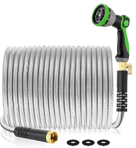 Miracle Garden Hose 100ft - Expandable Garden Hose with Double Latex Core, 3/4 Solid Brass Fittings, Extra Strength Fabric - Flexible Water Hose with Metal 8 Function Nozzle