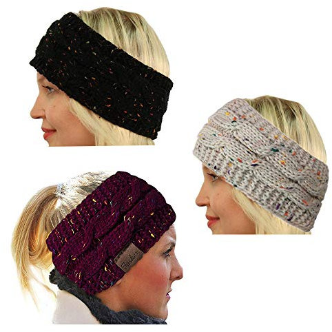 CRIVERS 3pc Womens Confetti Winter Cable Knit Headband Head Wrap Ear Warmer (Beige,Black,Wine Red)(Size:M)