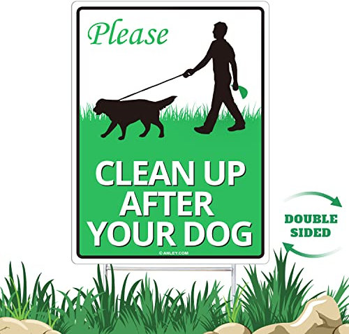 ANLEY Clean Up After Your Dog Yard Sign 12 x 9 with Metal H Stake Stand - Quick & Easy Install - Weather Fade Resistant for Outdoor Use - No Pooping Peeing Dogs Lawn Signs