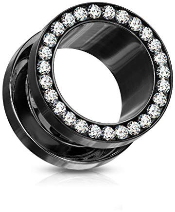 beyoutifulthings Ohr-Tunnel Zirkonia-Kranz Schwarz Clear Ohr-Piercing Edelstahl Ohr-Schmuck Screw Fit Flesh Plug Schraub-Verschluss 22mm