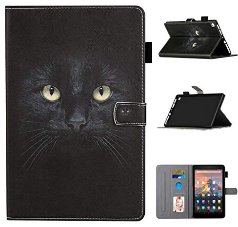 LMFULM® Case for Amazon Kindle Fire HD 8 2016/2017/ 2018 (8.0 Inch) PU Magnetic Leather Case Protective Shell Holster with Sleep/Wake Stand Case Flip Cover Black Cat