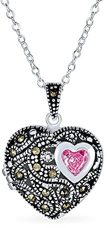 Personalizzato Marcasite rosa simulare tormalina CZ Vintage stile anticato Filigrana aromaterapia profumo diffusore forma di cuore Collana medaglione per le donne Rose Gold .925 Sterling Silver