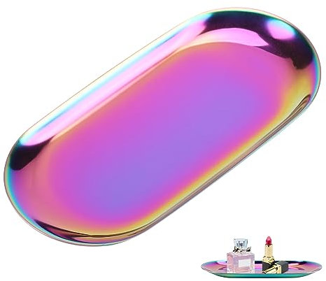 Bandeja Decorativa de Acero Inoxidable, Plata Bandeja Ovalada Vanidad Pequeña joyería Bandeja de Almacenamiento de Toallas Plato Bandeja de baratijas Bandeja Ovalada Decorativa para el hogar
