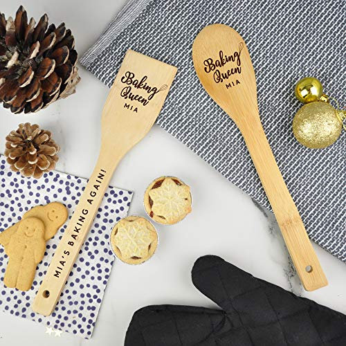 Personalised Baking Queen Wooden Spoon & Spatula Set, Laser Engraved Bake Off Prize Winners Award Trophy, Baking Cooking Kitchen Baking Gifts for Her Him Mum Dad Nana