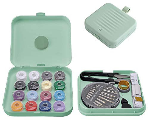 Mini Nähset - Reise-Grundausstattung - Nähkästchen Klein mit Inhalt - 16 Nähgarn-Farben, Nähnadeln, Nähzubehör, Nähutensilien - Kompaktes Nähzeug Set in Magnetdose -Sewing Kit (Grün)