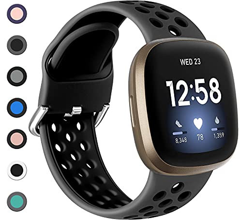 Dirrelo Kompatibel mit Fitbit Versa 4 Armband/Fitbit Versa 3 Armband/Fitbit Sense Armband/Fitbit Sense 2 Armband Damen Herren, Sport Silikon Atmungsaktiv Ersatzarmband Uhrenarmband, S Kohle/Schwarz