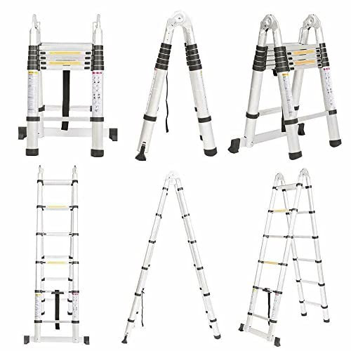 Scala Telescopica Pieghevole 1,9m+1,9m Con Barra Stabilizzatrice - Portatile e Leggero in Alluminio, Multiuso Allungabile, Carico Massimo 150 kg, Norma EN131