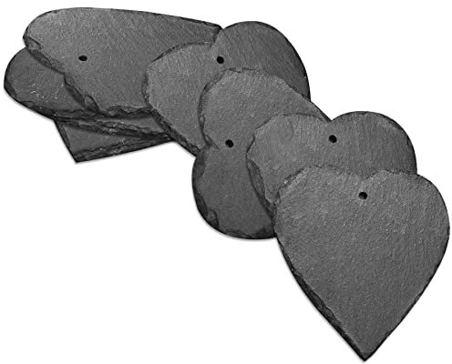 mtb more energy 8er Set Schiefer Schilder Täfelchen - 7 x7 cm - Herzform mit Loch - zum selbst Beschriften für Garten, Haushalt, Basteln, Geschenke