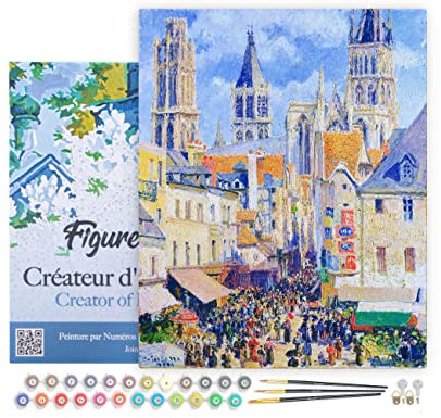 Figured'Art Peinture par Numéro Adulte avec Cadre Rue de l'Épicerie, Rouen - Camille Pissarro - Activité Manuelle Kit de Loisir Créatif DIY Numéro d'Art Complet - 40x50cm toile tendue sur châssis