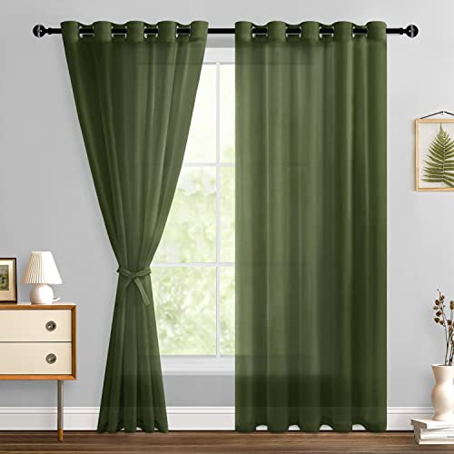 Hiasan Sheer Curtains for Bedroom with Tiebacks, Grommet Light Filtering Lightweight Extra Wide Voile Window Curtains for Living Room, Sliding Door, Olive Green, W60 x L84, Set of 2 Drape Panels