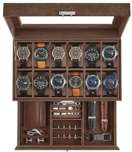 SONGMICS Watch Box, 12-Slot Watch Case Organizer with Large Glass Lid, 2 Layers, Removable Pillows, Metal Lock, Gift for Loved Ones, Brown Synthetic Leather, Brown Lining UJWB012K01