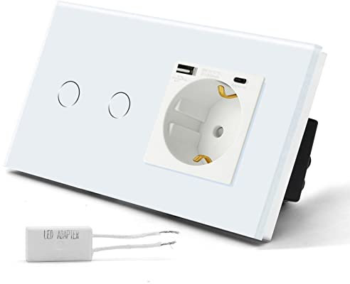 BSEED Dimmer Touch Schalter mit Schuko Steckdose 3 in 1 + 2.1A USB Ladeleistung + Type C Adapter, 2 Fach 1 Weg Wandschalter (kein Wlan) Glas Platten Funktioniert mit LED-Lichtern Weiß