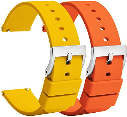 (2 pcs) Silicone Watch Straps 18mm Quick Release - Yellow Orange Rubber Watch Bands Replacement - Waterproof Military Style Watch Strap for Men Ladies - for Smart Watch Straps Clasp Buckle