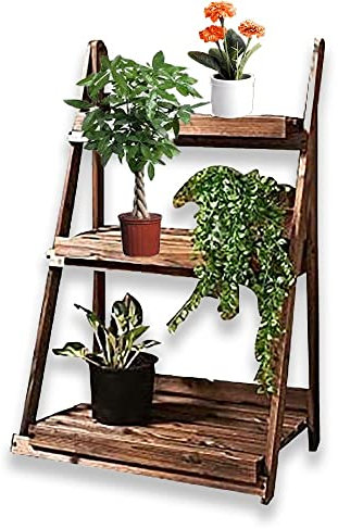 PaMeer Freestanding 3 tier Burntwood Plant Stand Shelf, Folding Ladder Planter, Small Plant Garden Shelves Outdoor For Displaying Flower Pots & Decorative Plants_ 58.5 x 38 x 92cm