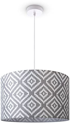 Paco Home Deckenlampe Lampenschirm Stoff Pendelleuchte E27 Hängeleuchte Schlafzimmer Rund Vintage Retro Zylinder Textil, Farbe:Design 7 (Ø45,5 cm), Leuchtenart/Farbe:Pendelleuchte - Weiß