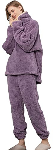 Jarseila Set Pigiama Donna Invernale Flanella Due Pezzi Confortevole Caldo Tuta Casa Morbido Maniche Lunghe Pigiami Felpa con Cappuccio Pantaloni Loungewear Pile Pigiama Donna Felpato