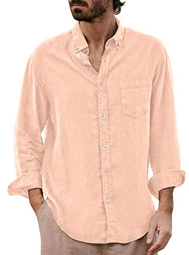 Camicie casual in lino di cotone da uomo camicia a maniche lunghe con bottoni per uomo M-3XL, rosa, M