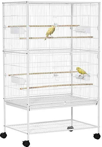 PawHut Large Bird Cage Budgie Cage for Finch Canaries Parakeet with Rolling Stand, Slide-out Tray, Storage Shelf, Food Containers, White