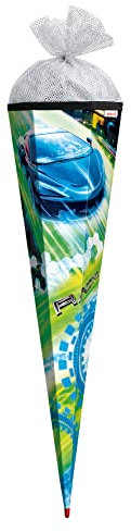 ROTH Schultüte Racing 85 cm groß - 6-eckig Rot(h)-Spitze Silbertüll - Zuckertüte Rennsport
