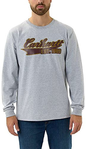 Carhartt Men's Relaxed Fit Heavyweight Long-Sleeve Script Graphic T-Shirt Work Utility, Heather Grey, S