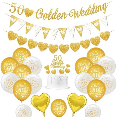 Decorazioni matrimonio oro, decorazioni anniversario matrimonio 50 anni striscioni nozze oro 50 Palloncini Happy 50th Anniversary Palloncini bianchi or 50 Golden Wedding Cake Topper