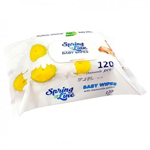 Spring Line Lot de 120 lingettes humides pour bébé Camomille avec capuchon