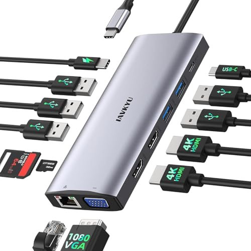 Estación de acoplamiento USB C para laptop, monitor dual, adaptador múltiple 14 en 1 tipo C HUB con 3 monitores, HDMI dual, VGA, 100 W PD, micrófono/audio, SD/TF, Ethernet compatible con portátiles