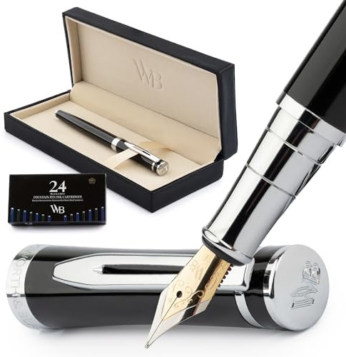 Wordsworth & Black Füllfederhalter-Set, feine 18-Karat-Goldfeder, inklusive 24 Tintenpatronen, Kolbenkonverter und Geschenkbox, goldfarben, Kalligraphie, Chrom-Schwarz