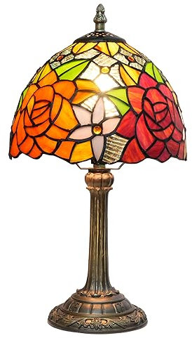 wecrejoni Tiffany-Lampe, Buntglas-Tischlampe, 20,3 x 20,3 x 35,6 cm, Schreibtisch-Leselampe, Dekoration neben Schlafzimmer, Wohnzimmer, Zuhause (Rote Rose)