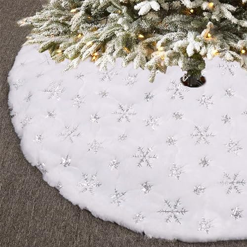 Sensong 120CM Weihnachtsbaum Decke Weißer Schneeflocke Weiss Plüsch Kunstfell Weihnachtsbaumdecke Christbaumständer Dekorationen Teppich