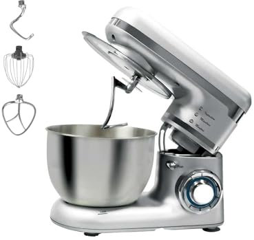 Avilia Amasadora planetaria, cuenco espacioso de acero de 4,5 l, equipado con 3 utensilios de mezcla, potencia 1000 W, velocidad x6 + botón pulso, tapa antipolvo, color plateado