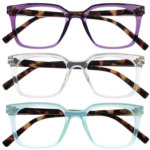 OPULIZE KOI Lunettes de Lecture Lot de 3 - Large Monture Rectangulaire -Violet/Turquoise/Transparent - Hommes Femmes - Charnières à Ressorts - RRR50-5CQ - +2.50