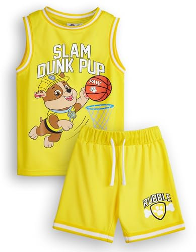 PAW PATROL Jungen Rubble Basketball Trikot & Shorts Set | Kinder Slam Dunk Pup Zweiteiliges gelbes Sportoutfit | Kinder-Bundle