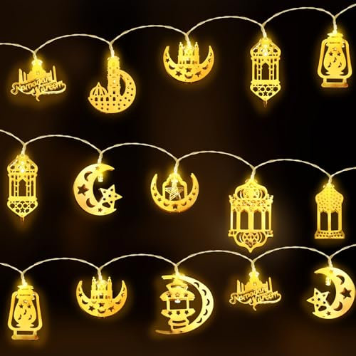 JOKSNK Ramadan Lichterkette, Led Muslim Ramadan Lichterkette, Led Ramadan Deko Lichterkette, Ramadan Licht Stern Mond Lichterketten, Mond Stern Lichterketten für Zuhause Garten Geburtstag Party