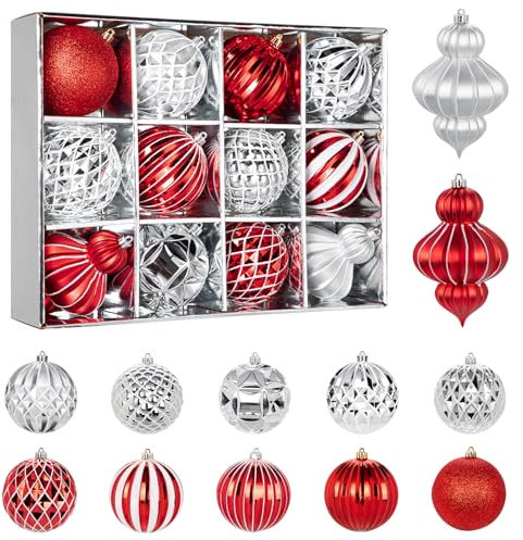 Hollyone 10CM 16CM Weihnachtskugeln Kunststoff, 12PCS Weihnachtsbaumschmuck Set, Rot Silber Bruchsicher Hängeornamente für Weihnachtsdeko, Glitzer Weihnachtsbaumkugeln für Party Fest Neujahr