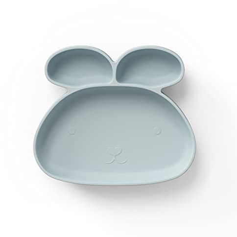 ÜneeQbaby Silikon-Kinder Teller i-Form - BPA-Frei, Spülmaschinenfest, Mikrowellen- und Ofensicher - Perfekt für Kleinkinder und Babys… (Hase - Flüsterblau)