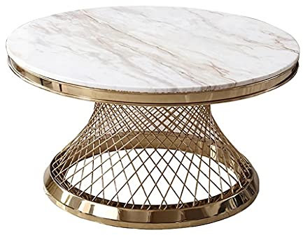 KGDJBGSE Wohnzimmer-Couchtisch, weißer Marmor-Edelstahl-Couchtisch, runder Tisch