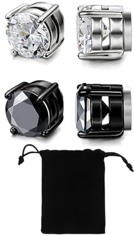 LICHUANUK 2 Paare Magnetischer Ohrstecker Kein Piercing Magnet Ohrringe Fakes für Herren Mann Damen Edelstahl Silber,Schwarz,8mm