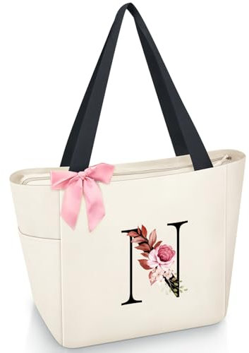 Vavabox Handtasche Damen A-Z Reißverschluss Schultertasche, Geschenke für Damen,Bräute und Brautjungfern, Arbeit,Reisen,Einkaufen,Schule (N, Beige)
