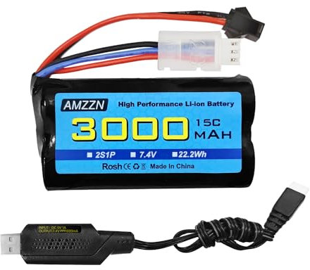 AMZZN 7.4V 3000mAh 15C 2S SM-2P Plug Li-ion Battery with USB Charging Cable for RC Ship, Car, Truck, Boat, Drone